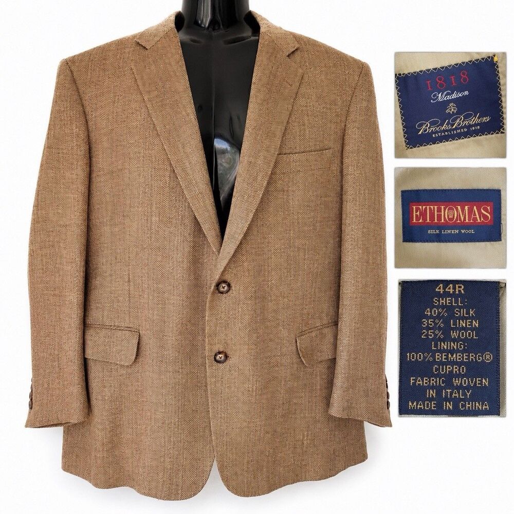 Brooks Brothers 1818 Madison Blazer 44 R Silk Linen Wool Herringbone Tan ETHOMAS